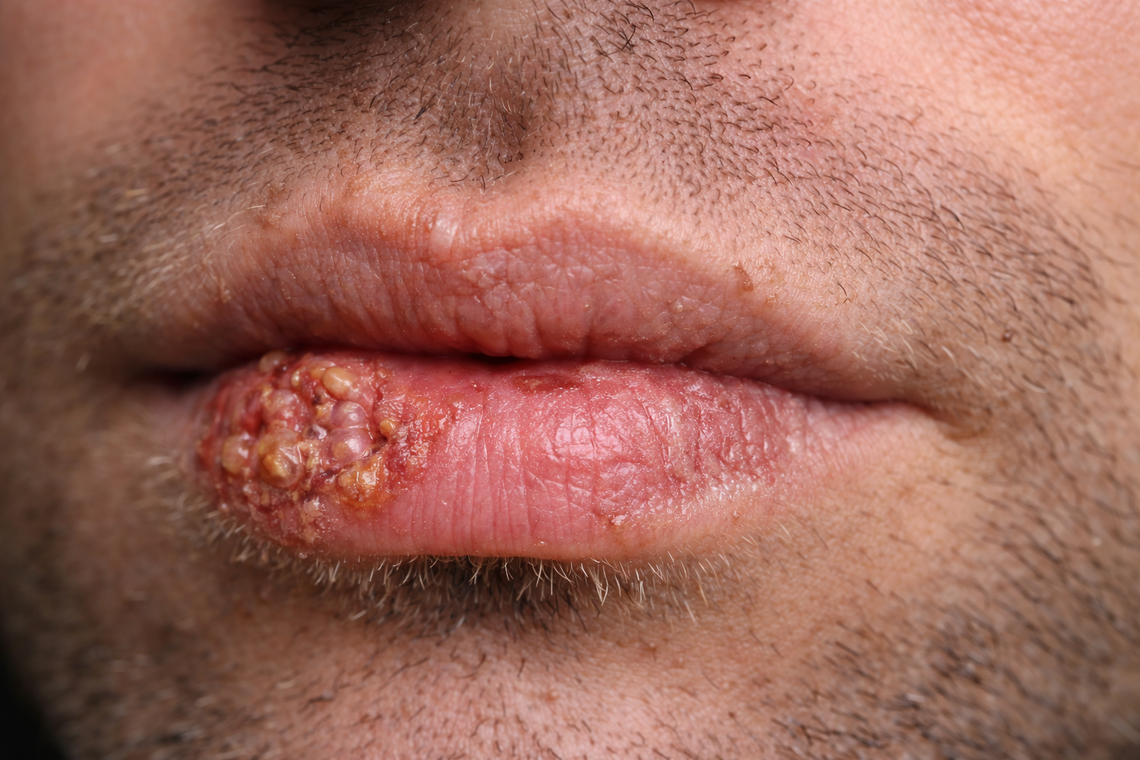 Nahaufnahme eines männlichen Mundes mit Bläschen und Krusten am unteren Lippenrand.